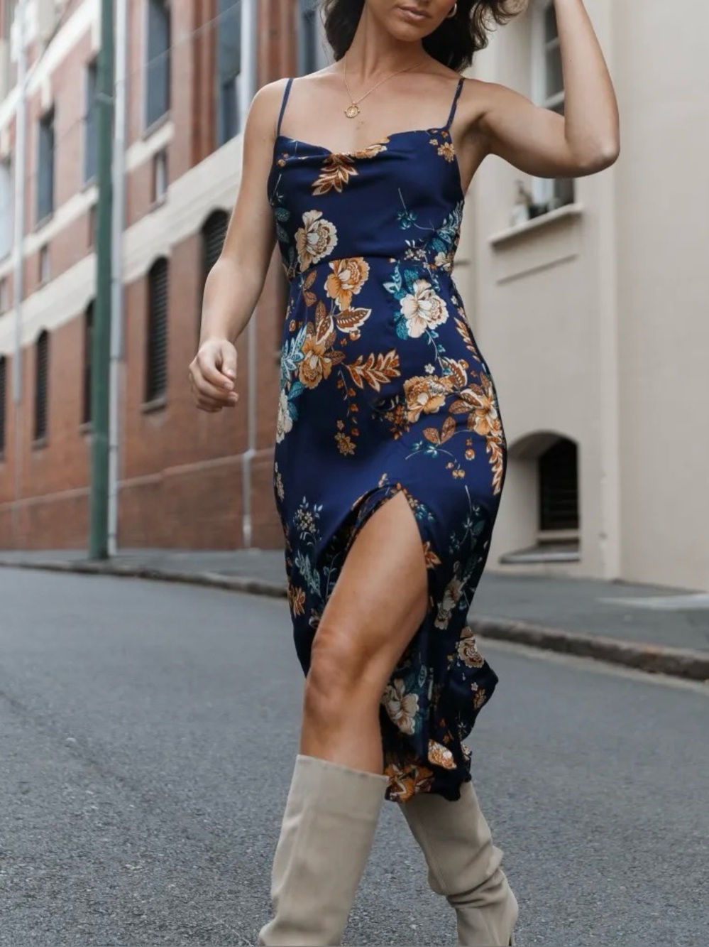 Petal & Pup | Alejandra Cowl Neck Midi Dress In Navy